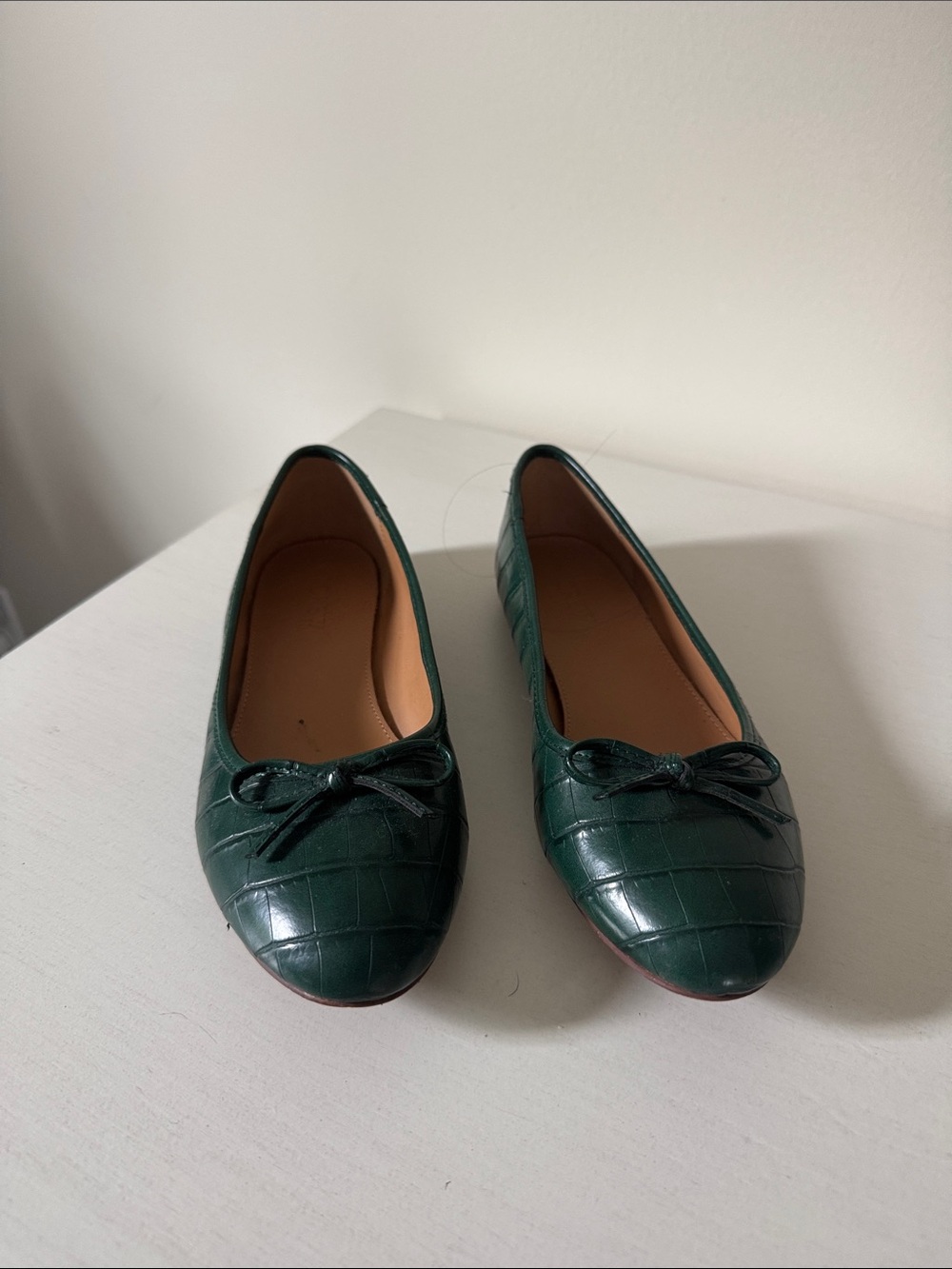 J Crew Factory Women's Green Croc-Embossed Ballet Flats with Bow